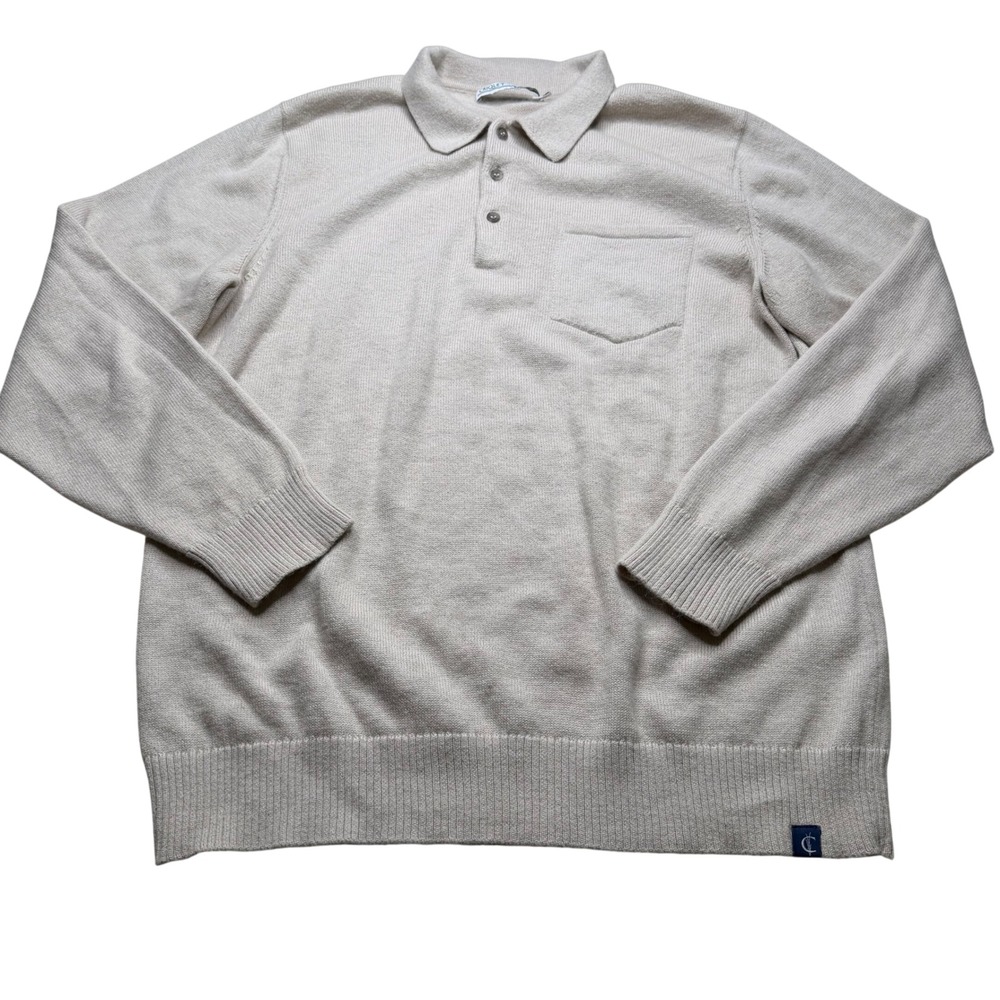 CRIQUET Polo Sweater Oatmeal Baby Alpaca Blend Long Sleeve Men's Size Large